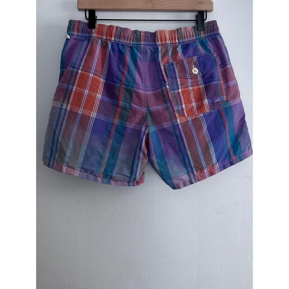 J.Crew Preppy Plaid Purple Orange Blue Board Shorts Medium Coastal Sunset Beachy